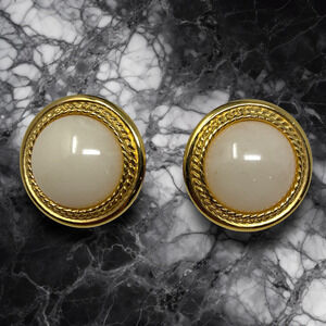 Vintage 1980's Monet Ivory Cabochon Gold Tone Button Earrings Clip On Couture